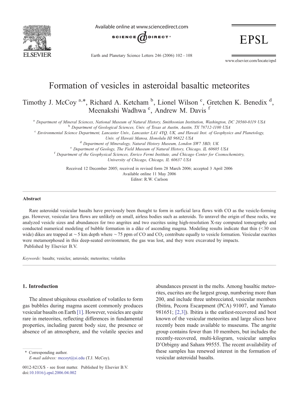 Formation of Vesicles in Asteroidal Basaltic Meteorites ⁎ Timothy J