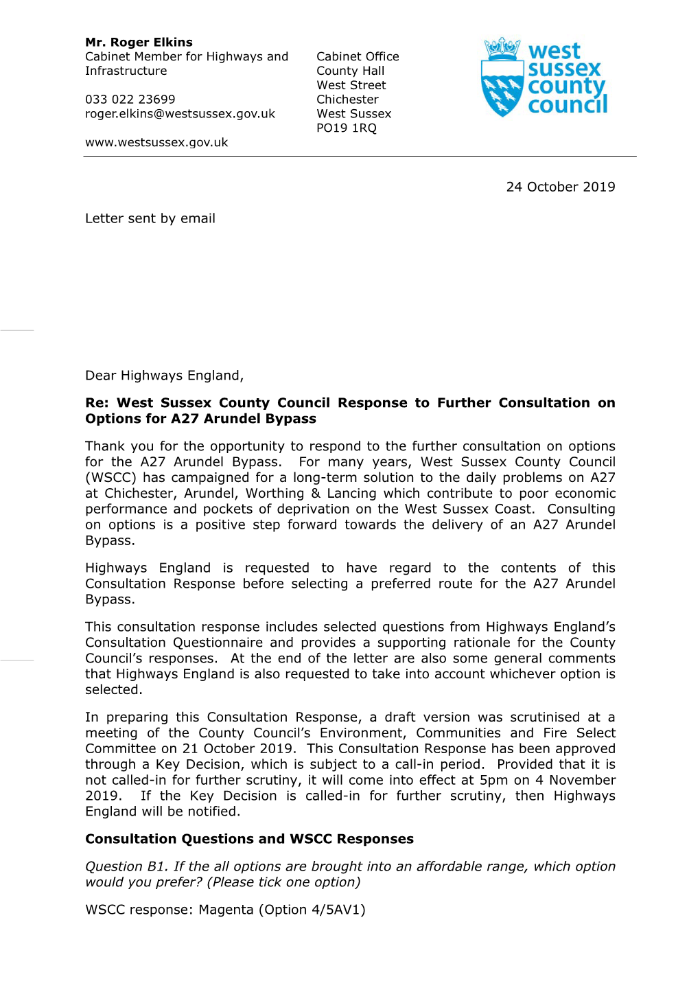 A27 Arundel WSCC Consultation Response October 2019