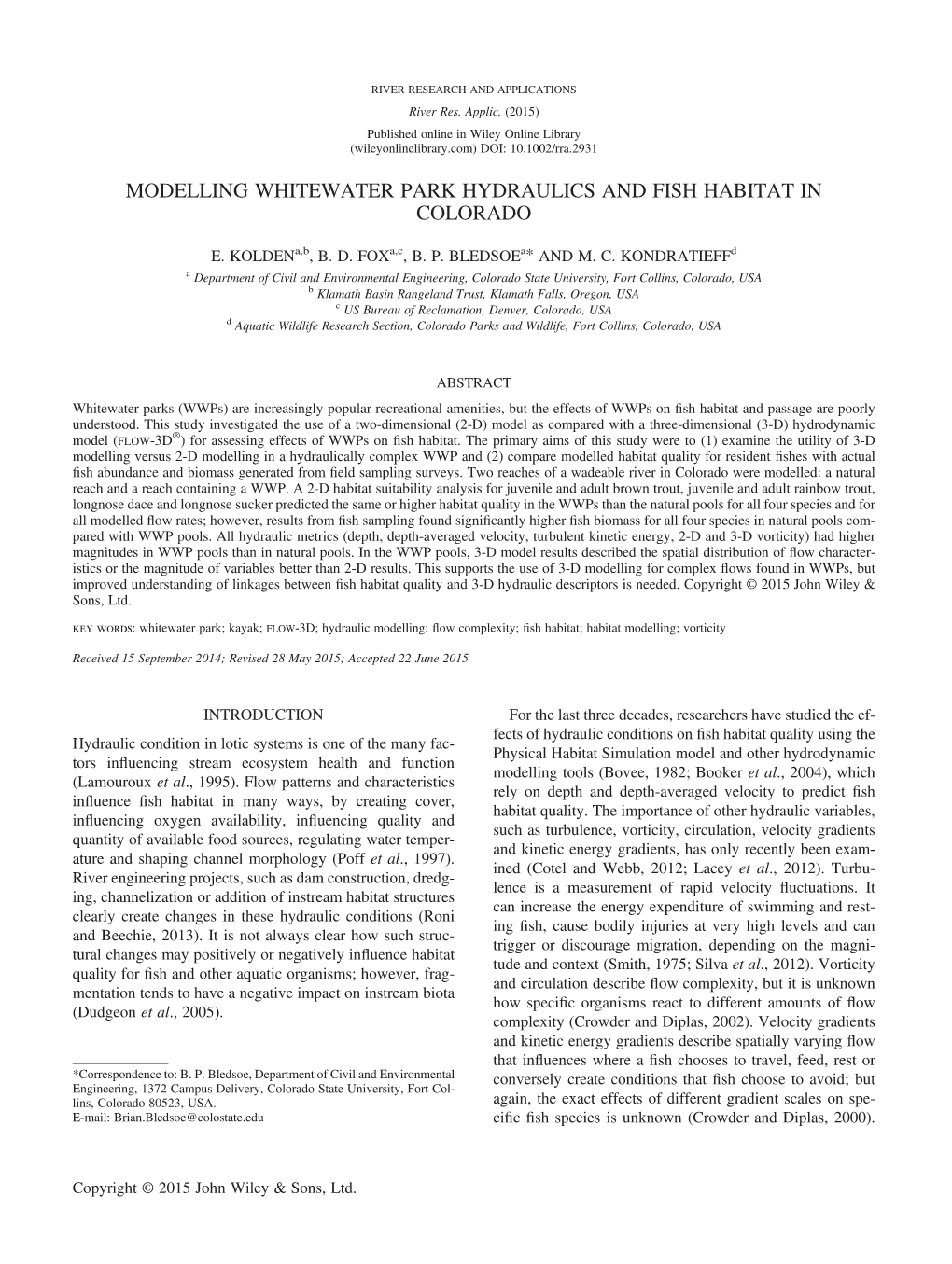 Modelling Whitewater Park Hydraulics and Fish Habitat in Colorado