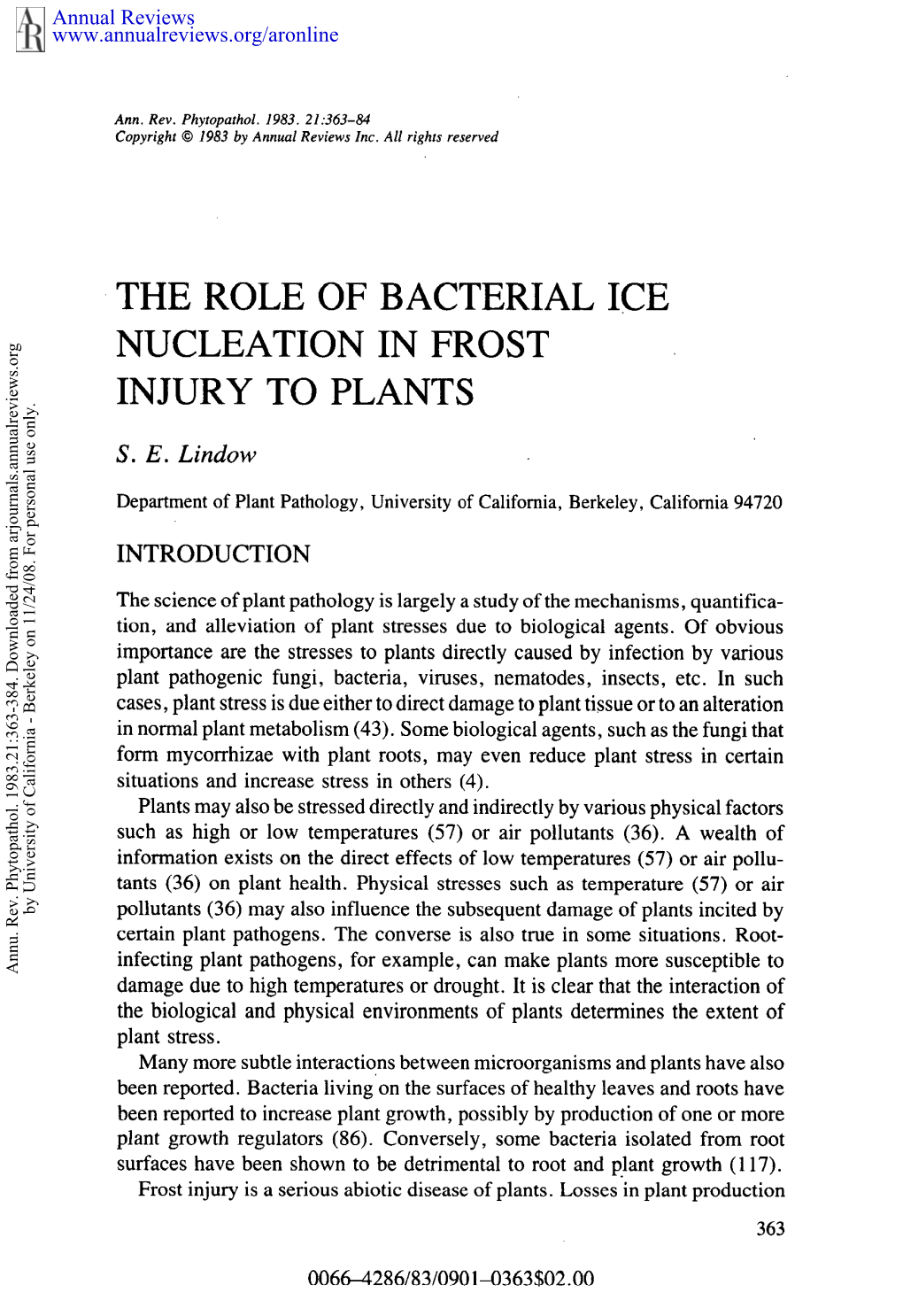 The Role of Bacterial Ice Nucleation in Frost Injury to Plants