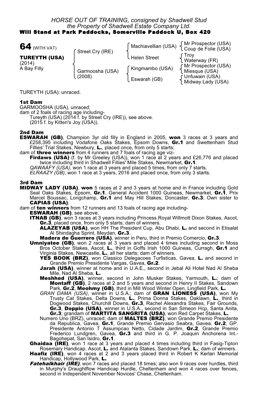 HORSE out of TRAINING, Consigned by Shadwell Stud the Property of Shadwell Estate Company Ltd. Will Stand at Park Paddocks, Somerville Paddock U, Box 420