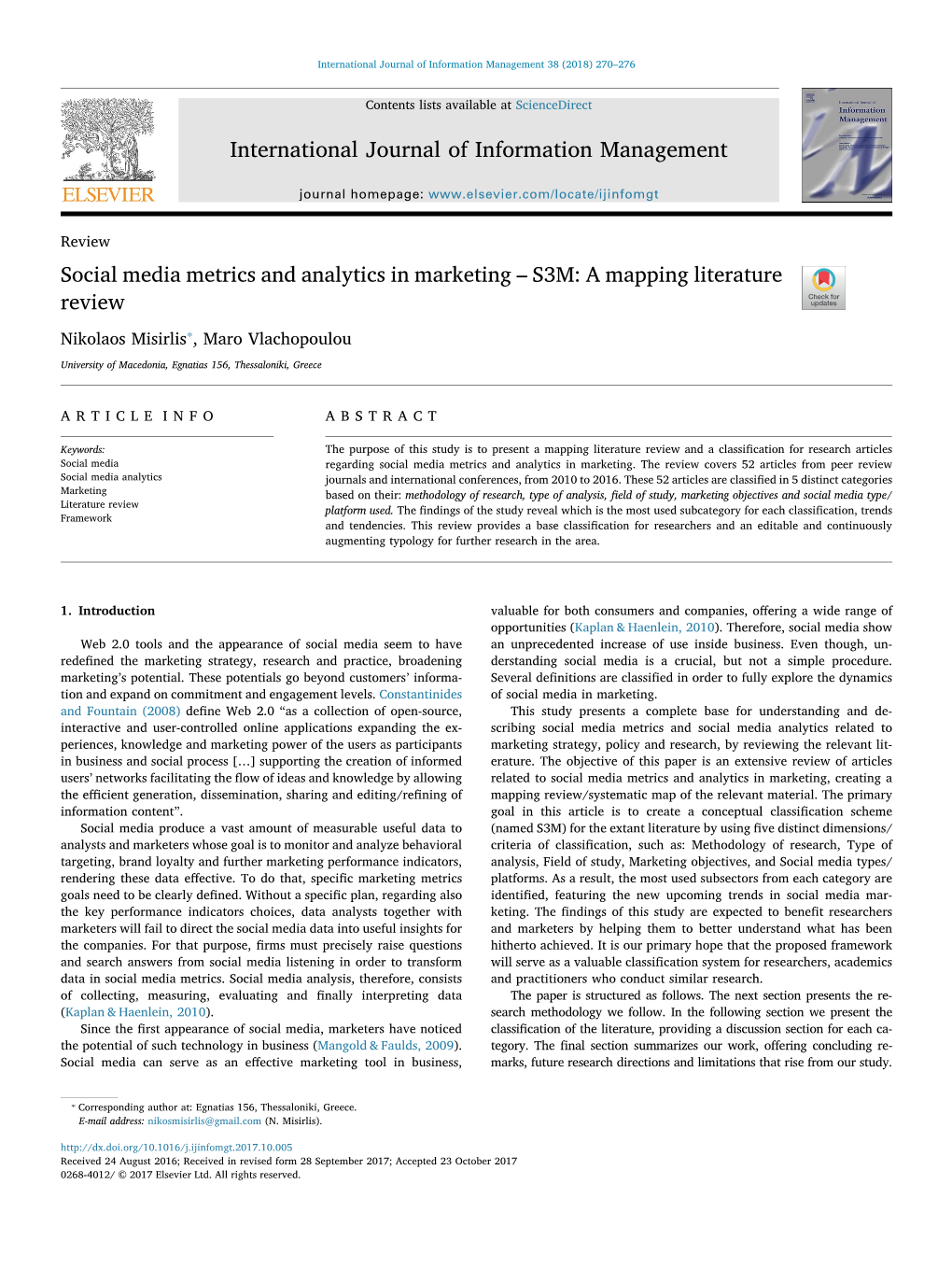 Social Media Metrics and Analytics in Marketing – S3M: a Mapping Literature T Review ⁎ Nikolaos Misirlis , Maro Vlachopoulou