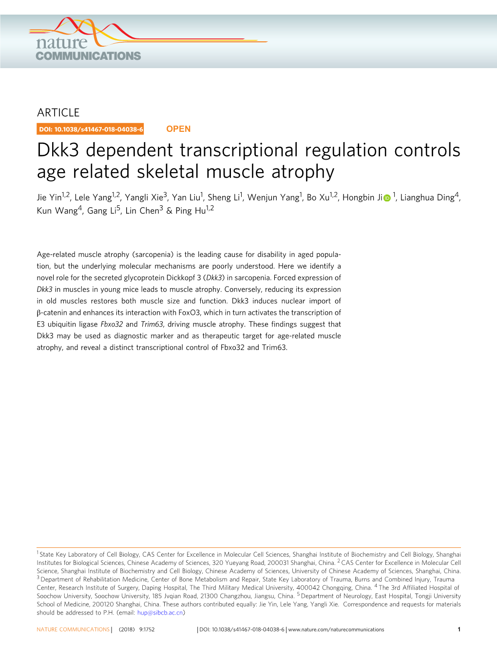 Dkk3 Dependent Transcriptional Regulation Controls Age Related Skeletal Muscle Atrophy