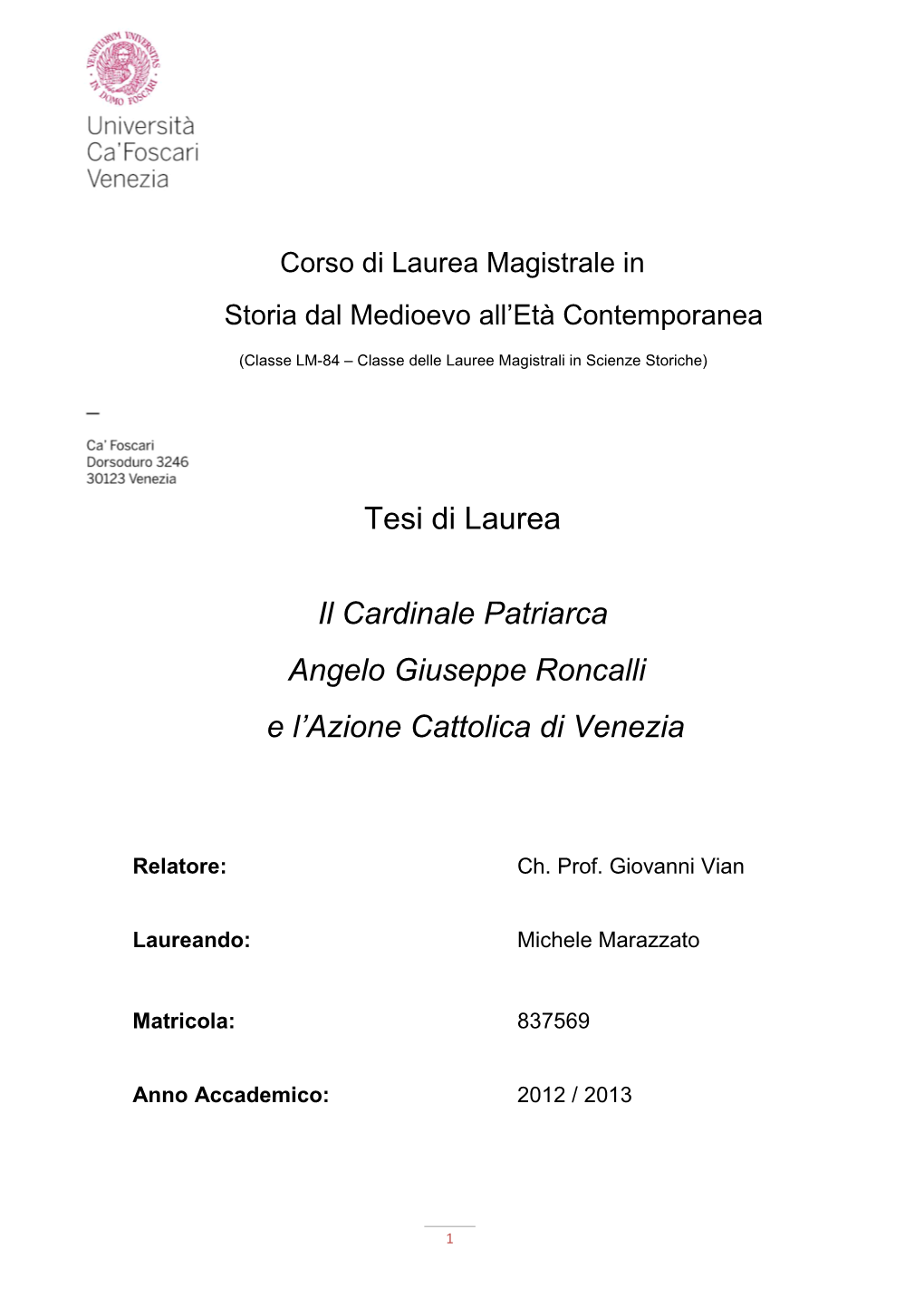 Tesi Di Laurea Il Cardinale Patriarca Angelo Giuseppe Roncalli E L