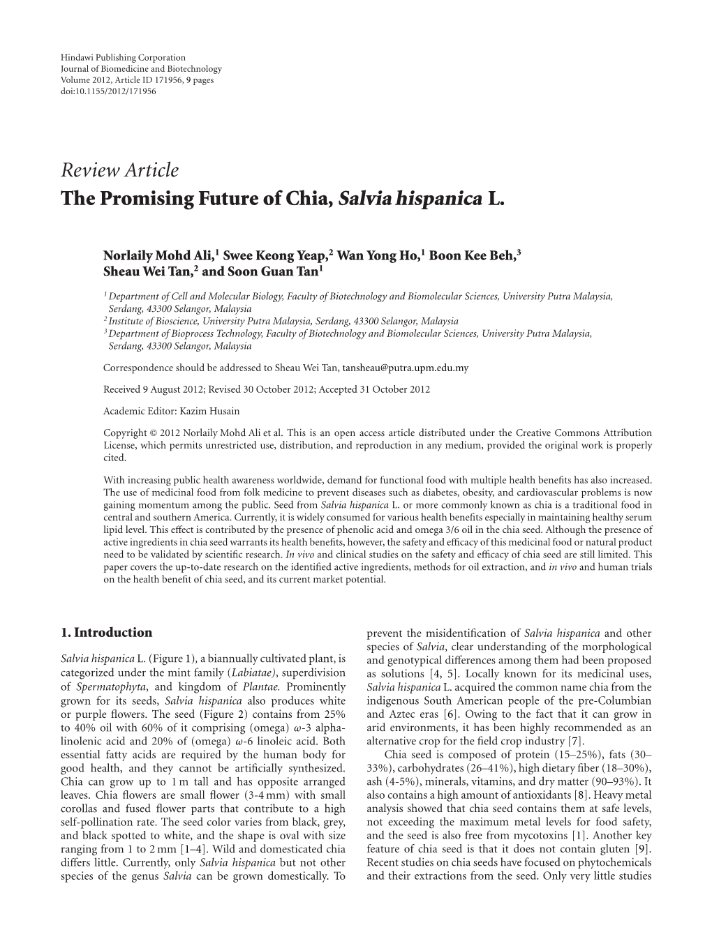 Review Article the Promising Future of Chia, Salvia Hispanica L