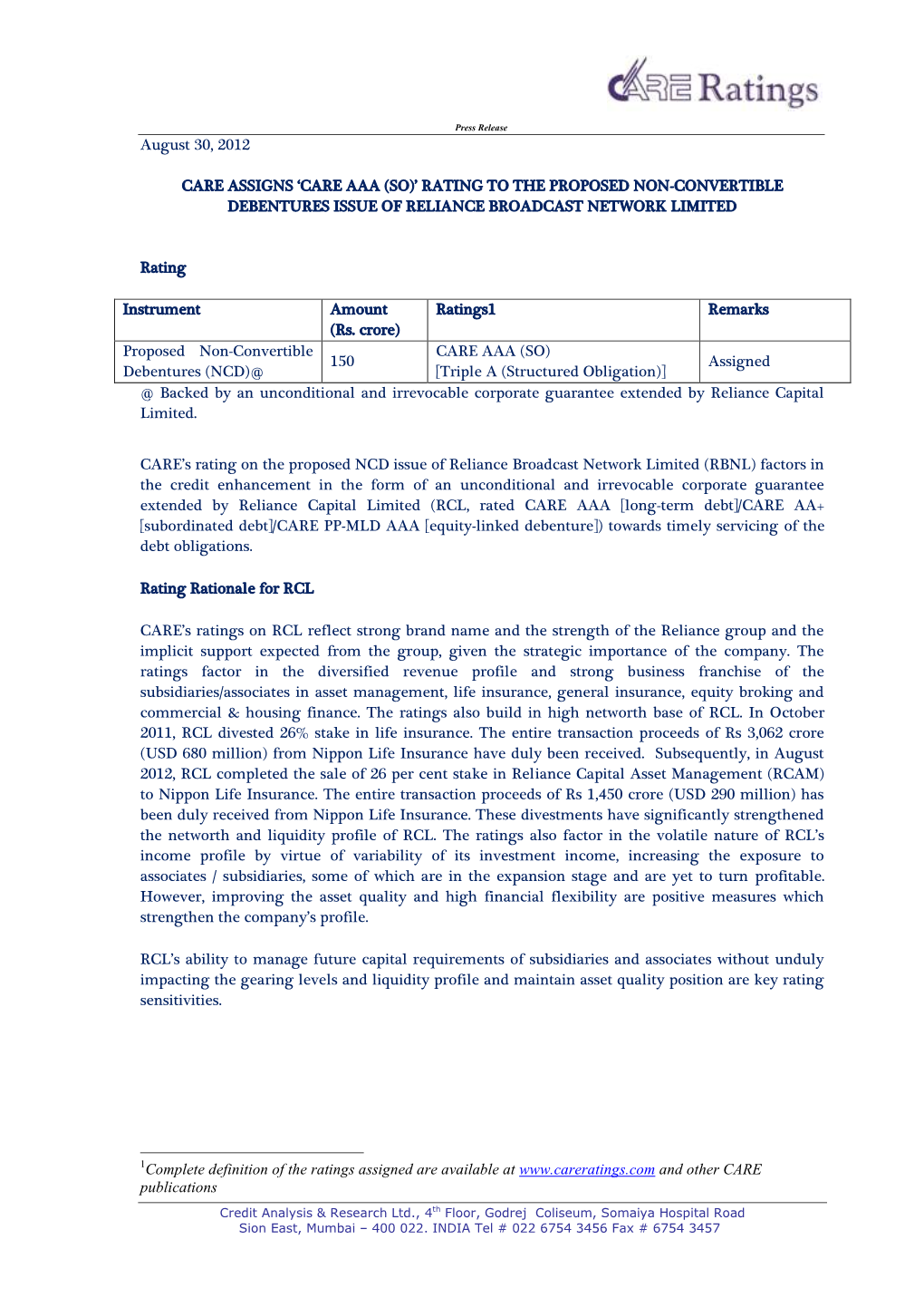 'CARE AAA (SO)' Rating to the Proposed NCD Issue of Reliance