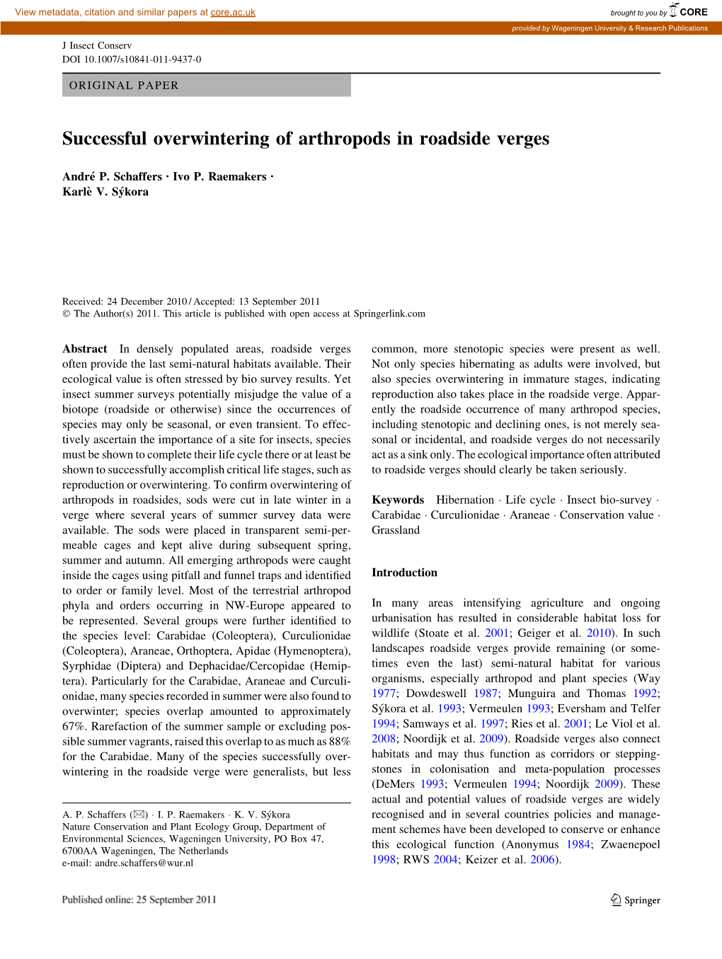 Successful Overwintering of Arthropods in Roadside Verges