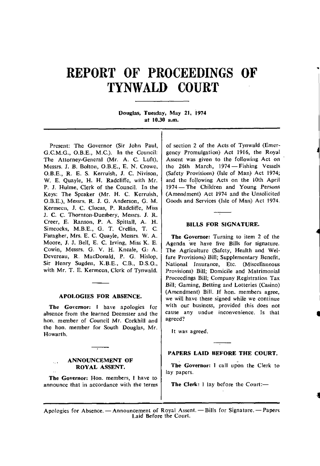 Report of Proceedings of Tynwald Court