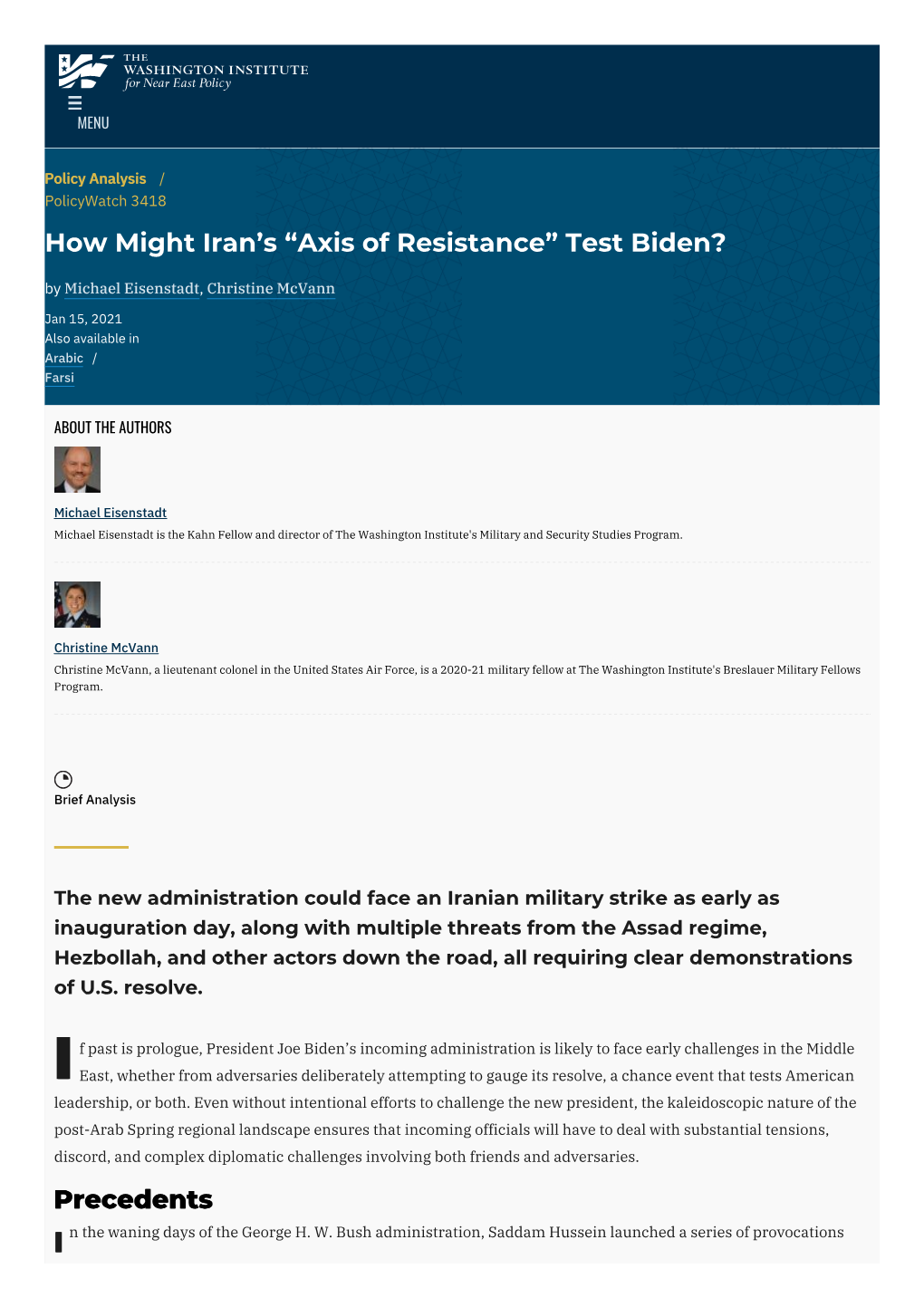 Test Biden? by Michael Eisenstadt, Christine Mcvann