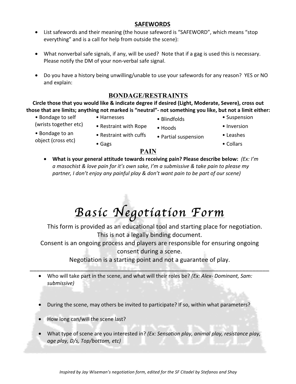 Basic Negotiation Form This Form Is Provided As an Educational Tool and Starting Place for Negotiation