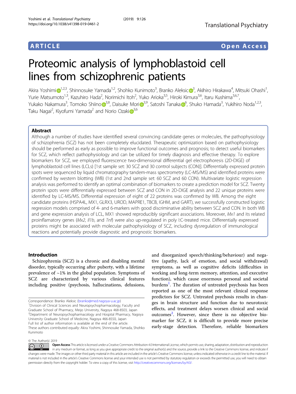 Proteomic Analysis of Lymphoblastoid Cell Lines from Schizophrenic Patients
