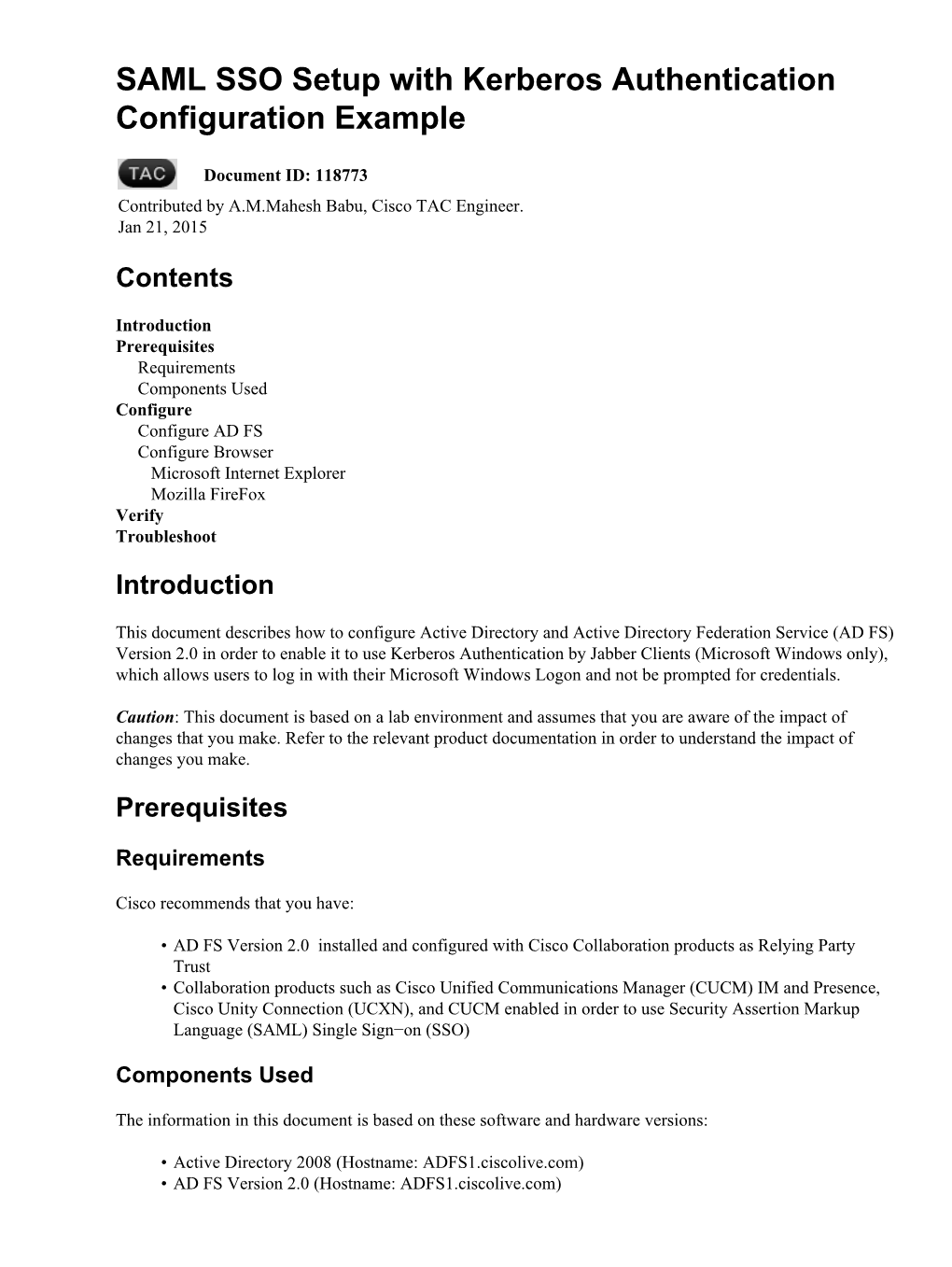 SAML SSO Setup with Kerberos Authentication Configuration Example