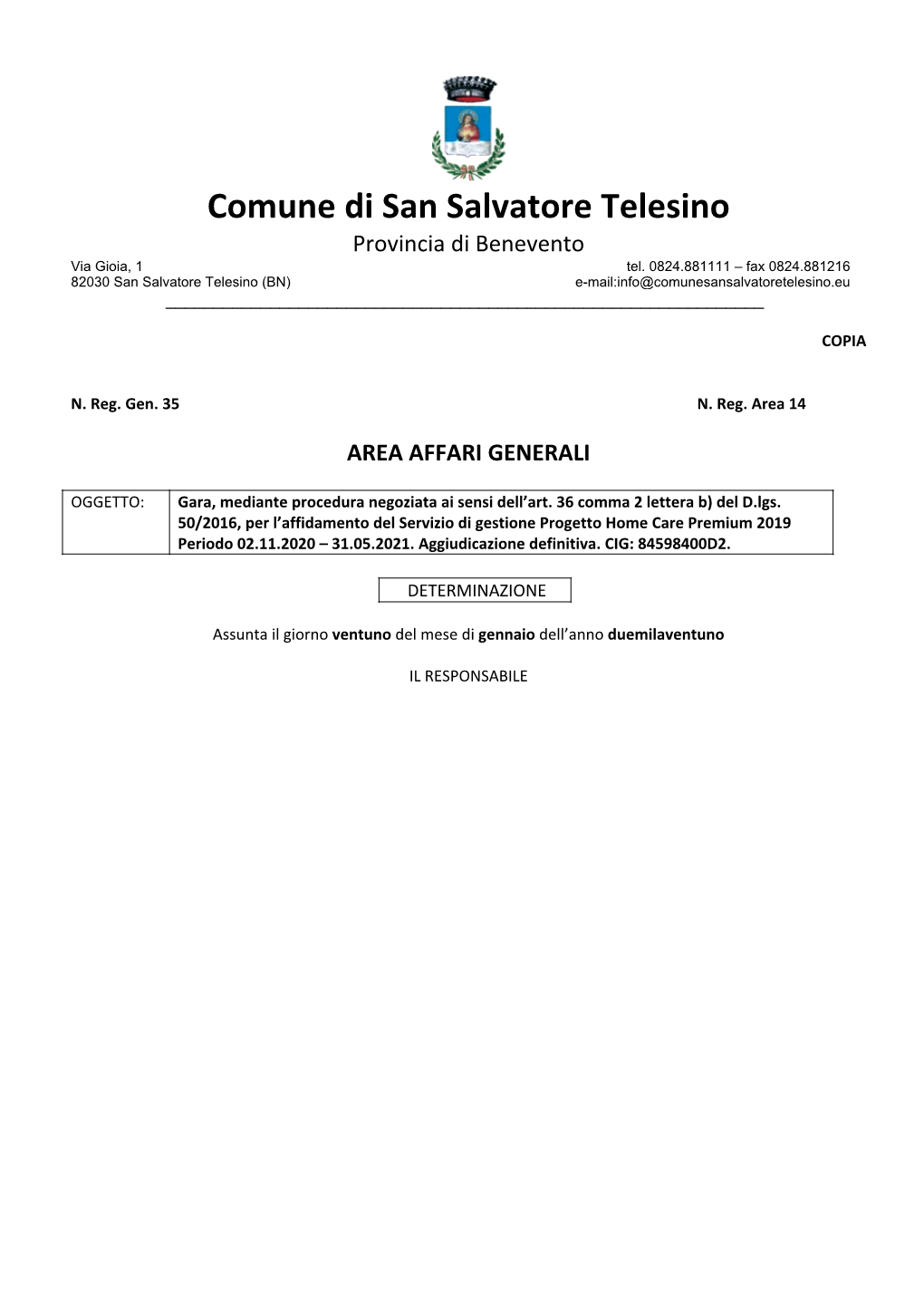 Comune Di San Salvatore Telesino Provincia Di Benevento Via Gioia, 1 Tel