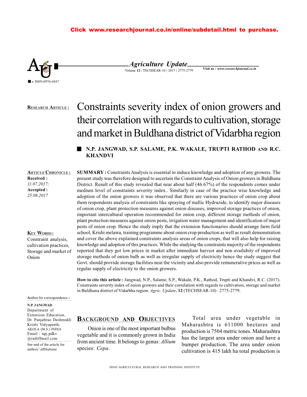 Constraints Severity Index of Onion Growers and Their Correlation with Regards to Cultivation, Storage and Market in Buldhana District of Vidarbha Region