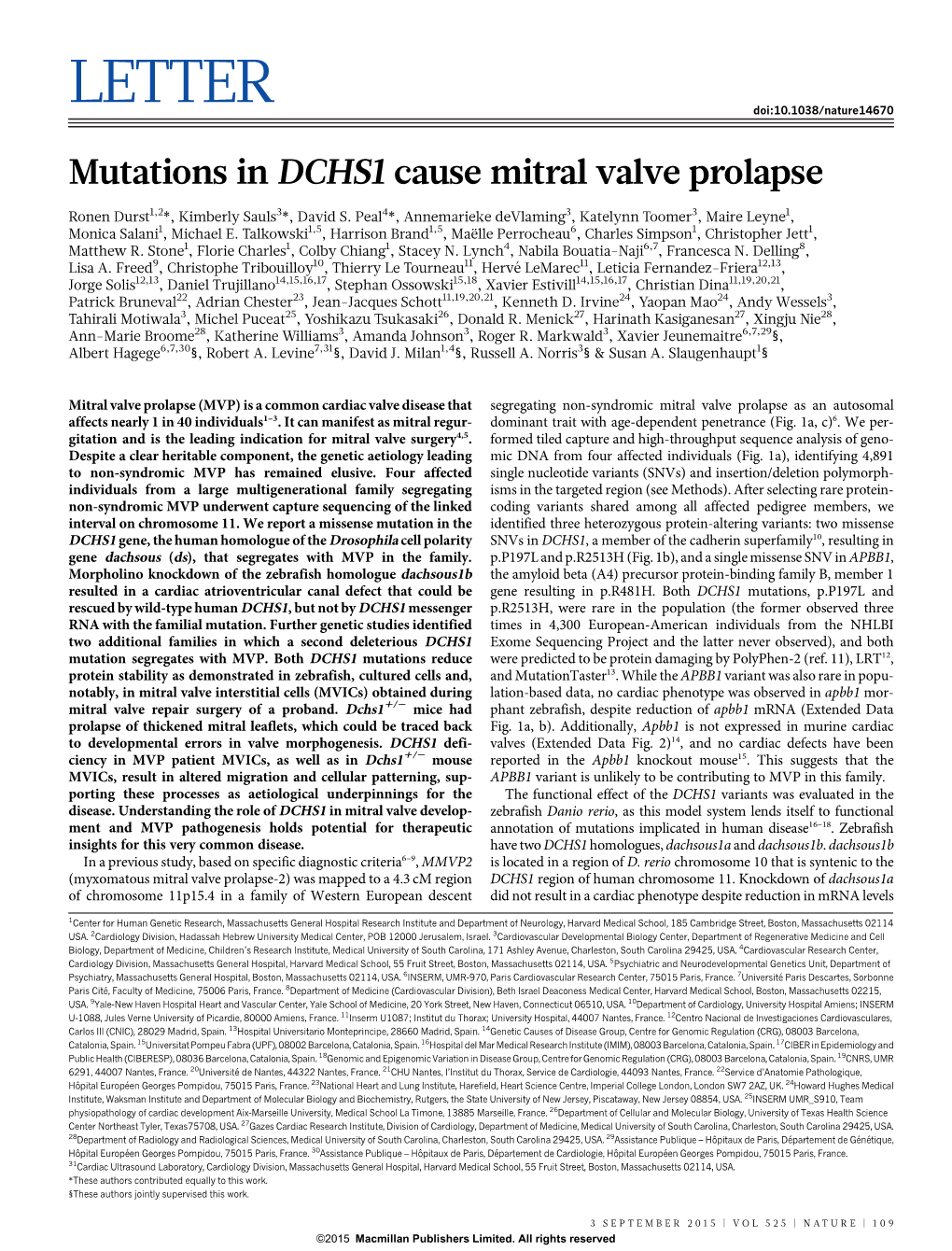 Mutations in DCHS1 Cause Mitral Valve Prolapse