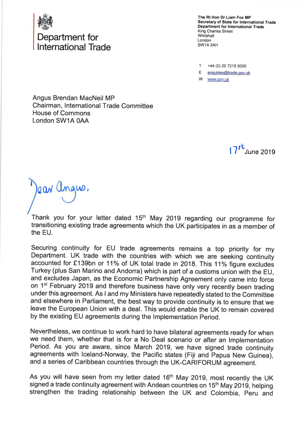 Letter Dated 15Th May 2019 Regarding Our Programme for Transitioning Existing Trade Agreements Which the UK Participates in As a Member of the EU