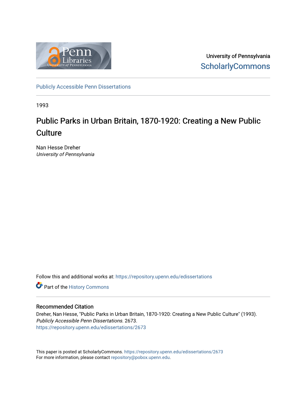 Public Parks in Urban Britain, 1870-1920: Creating a New Public Culture