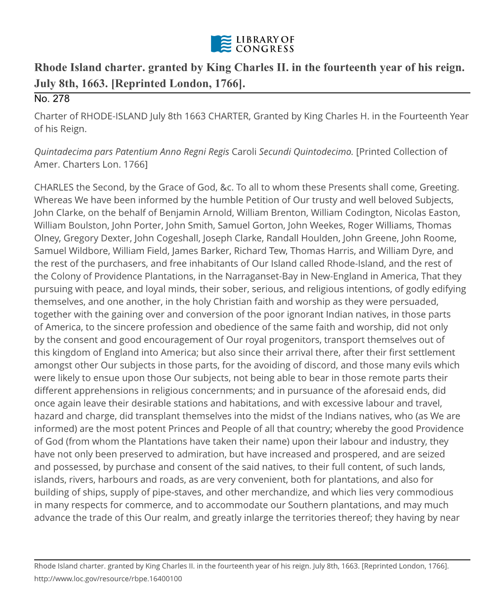 Rhode Island Charter. Granted by King Charles II. in the Fourteenth Year of His Reign