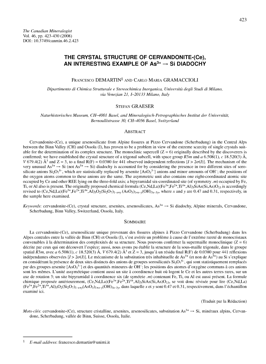 THE CRYSTAL STRUCTURE of CERVANDONITE-(Ce), an INTERESTING EXAMPLE of As3+ Si DIADOCHY