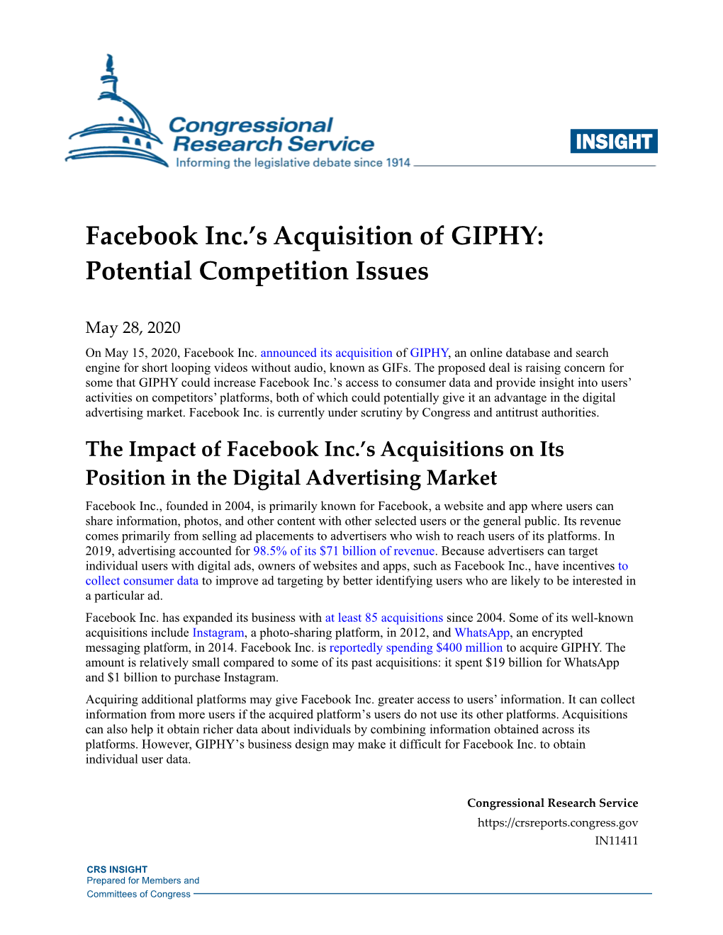 Facebook Inc.'S Acquisition of GIPHY: Potential Competition Issues