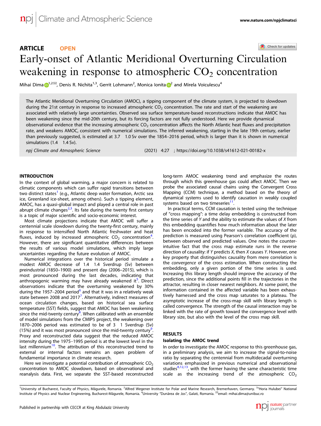 Early-Onset of Atlantic Meridional Overturning Circulation Weakening in Response to Atmospheric CO2 Concentration ✉ Mihai Dima 1,2 , Denis R