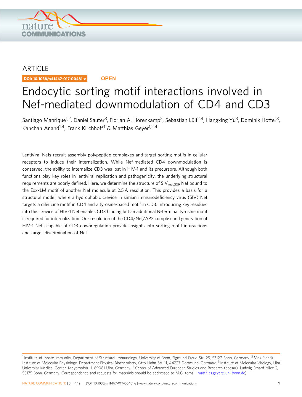Endocytic Sorting Motif Interactions Involved in Nef-Mediated Downmodulation of CD4 and CD3