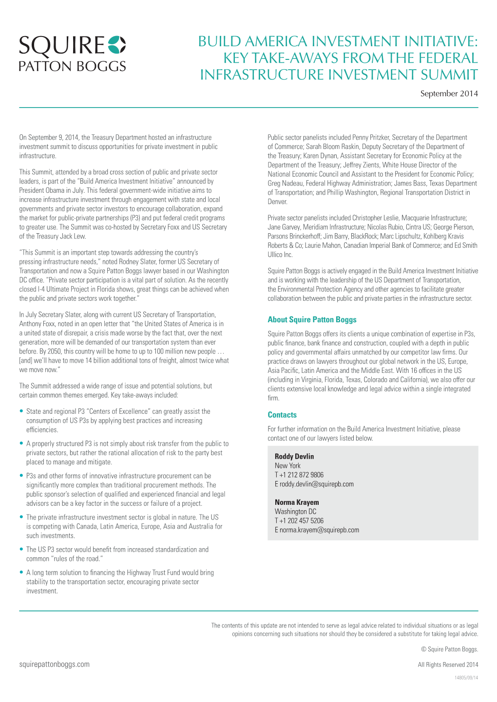 Build America Investment Initiative: Key Take-Aways from the Federal Infrastructure Investment Summit September 2014