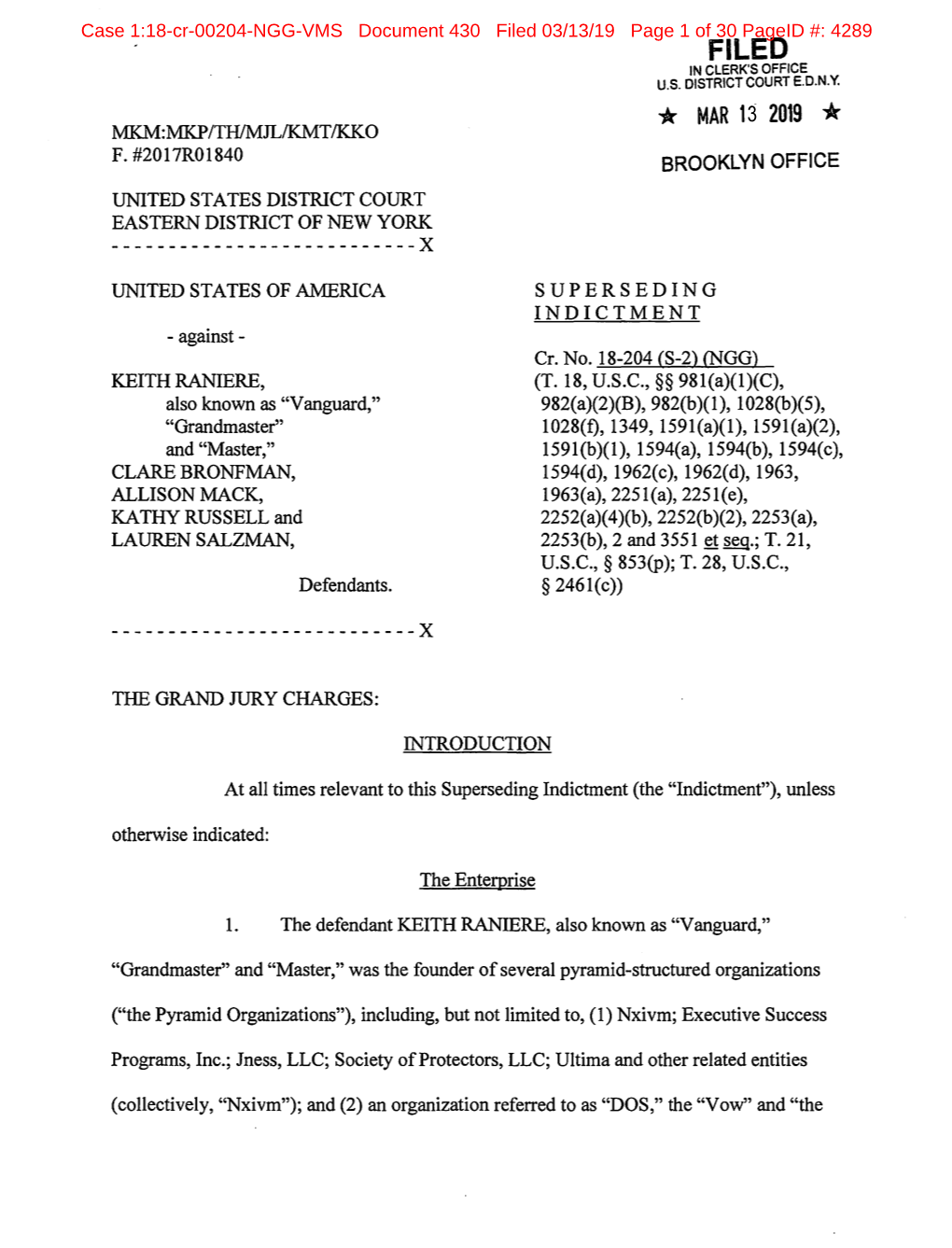 Superseding Indictment Vs. Keith Raniere