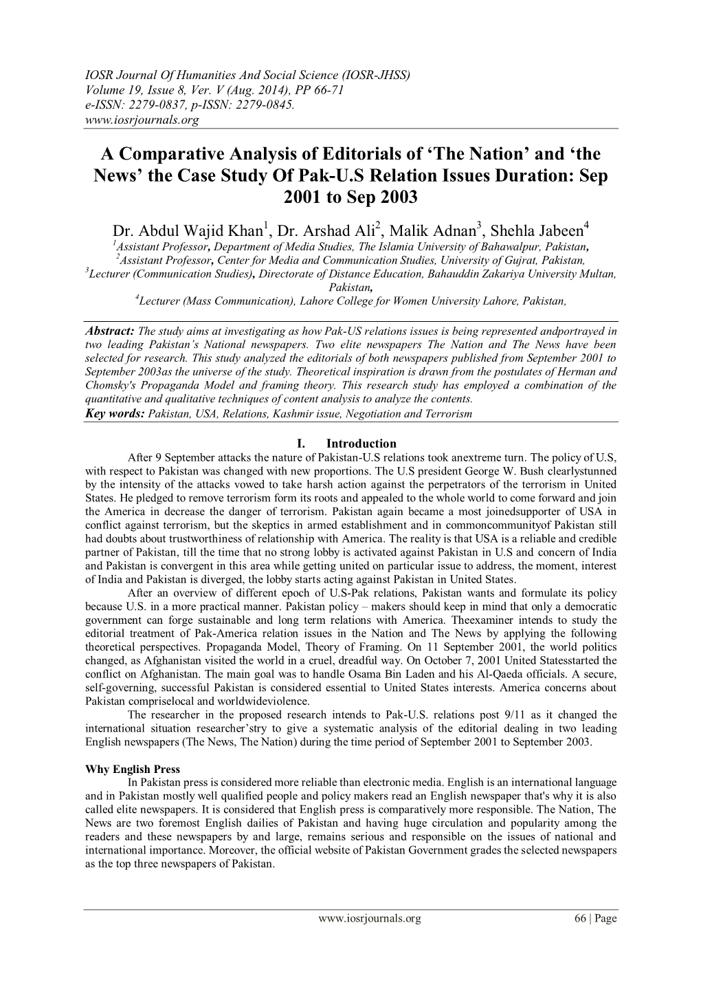 A Comparative Analysis of Editorials of „The Nation‟ and „The News‟ the Case Study of Pak-U.S Relation Issues Duration: Sep 2001 to Sep 2003