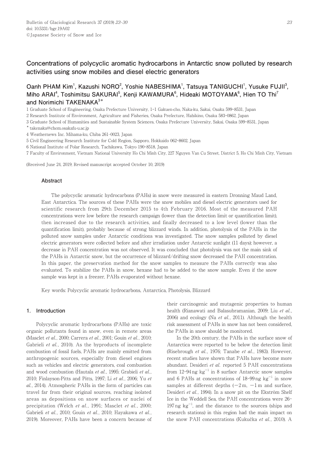 Concentrations of Polycyclic Aromatic Hydrocarbons in Antarctic Snow Polluted by Research Activities Using Snow Mobiles and Diesel Electric Generators