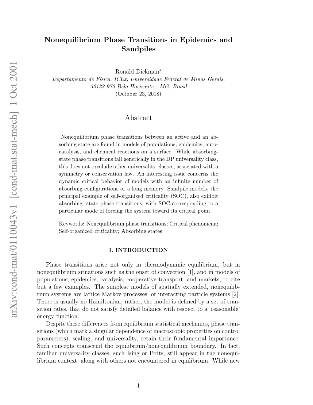 [Cond-Mat.Stat-Mech] 1 Oct 2001 Aiiruieslt Lse,Sc Sn Rpts Tl Peri H N While the Equilibrium