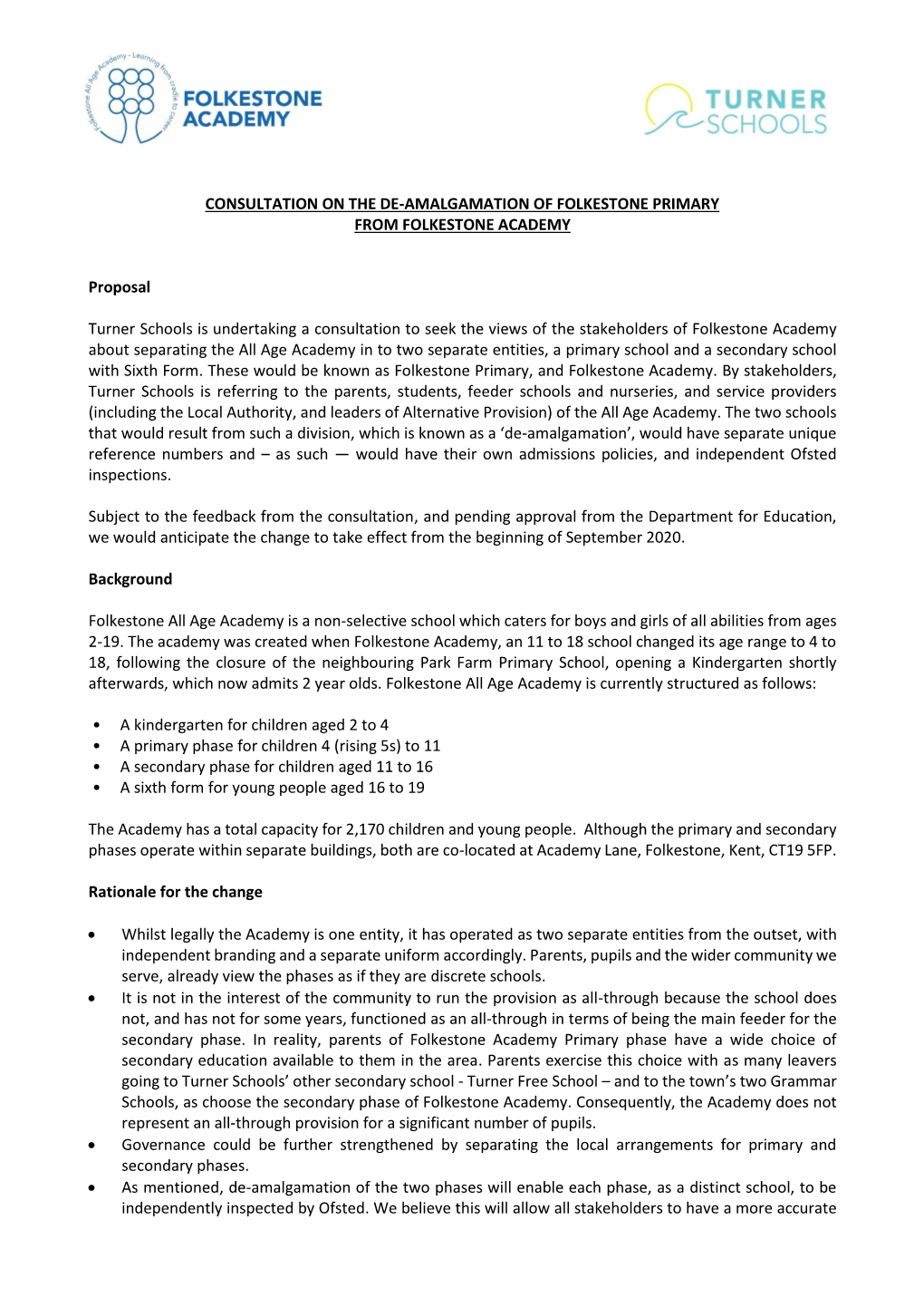 Consultation on the De-Amalgamation of Folkestone Primary from Folkestone Academy