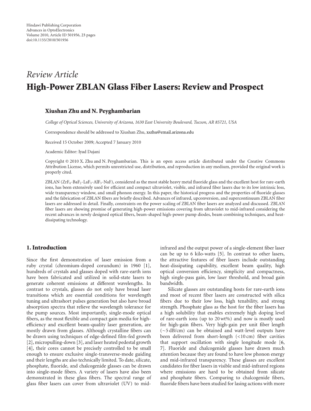 Review Article High-Power ZBLAN Glass Fiber Lasers: Review and Prospect