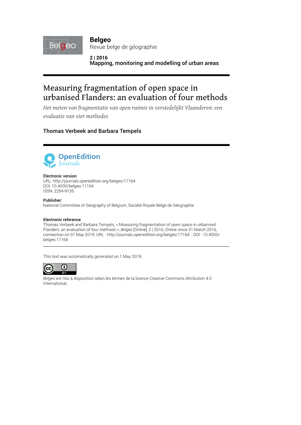 Measuring Fragmentation of Open Space in Urbanised Flanders: An