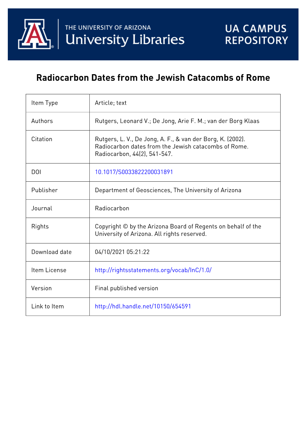 541 Radiocarbon Dates from the Jewish Catacombs Of