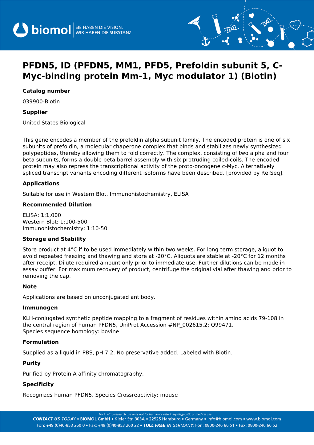 PFDN5, MM1, PFD5, Prefoldin Subunit 5, C- Myc-Binding Protein Mm-1, Myc Modulator 1) (Biotin)