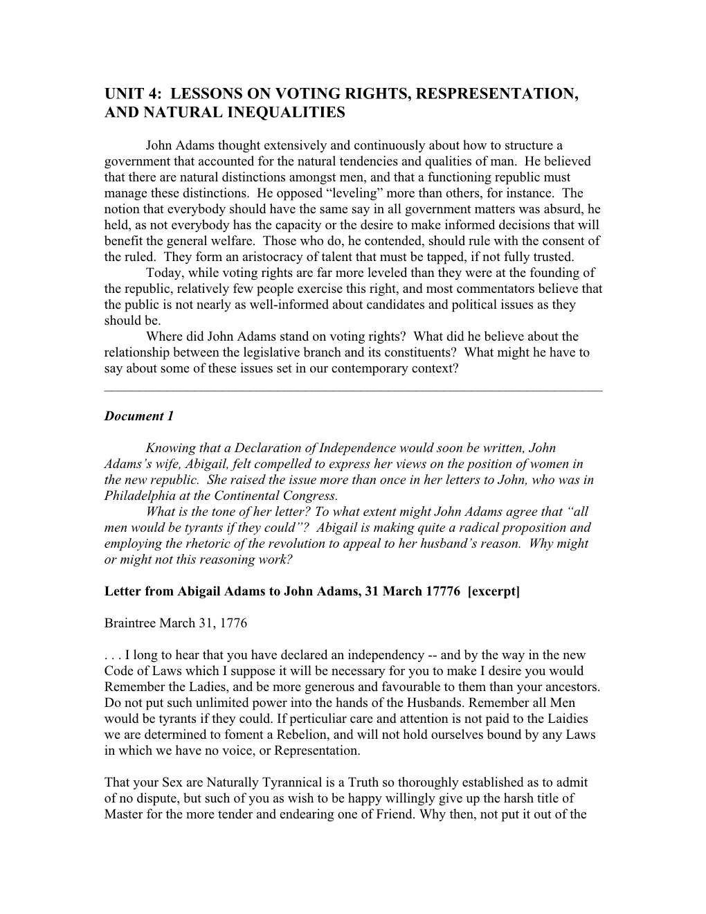 Unit 4: Lessons on Voting Rights, Respresentation, and Natural Inequalities