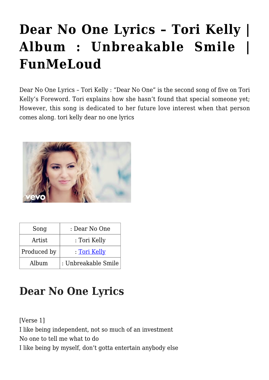 Dear No One Lyrics &#8211; Tori Kelly | Album : Unbreakable Smile