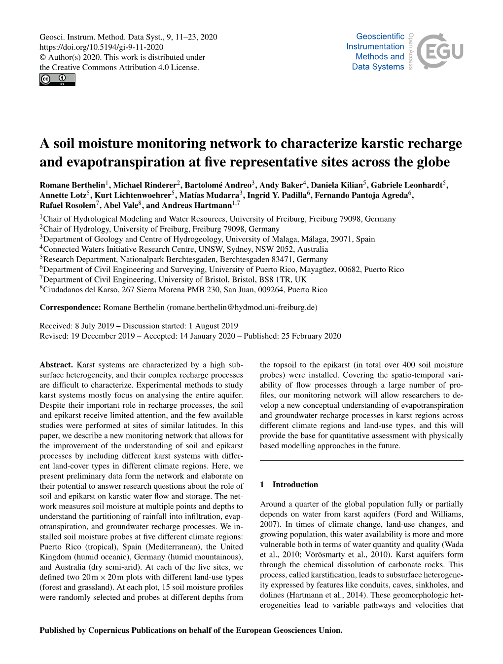 A Soil Moisture Monitoring Network to Characterize Karstic Recharge and Evapotranspiration at ﬁve Representative Sites Across the Globe