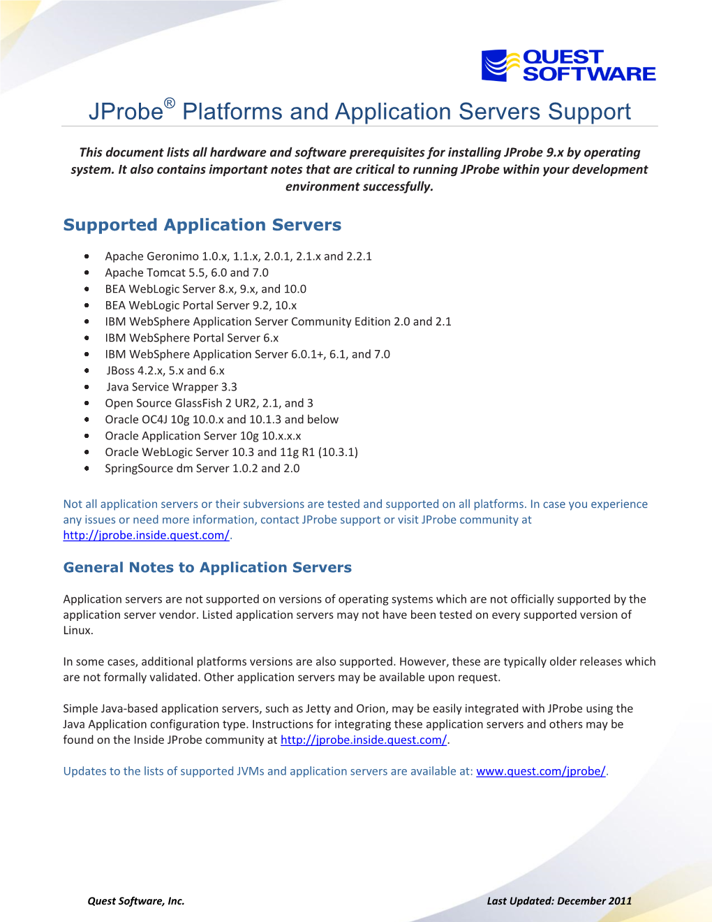 Jprobe Platforms and Application Servers Support