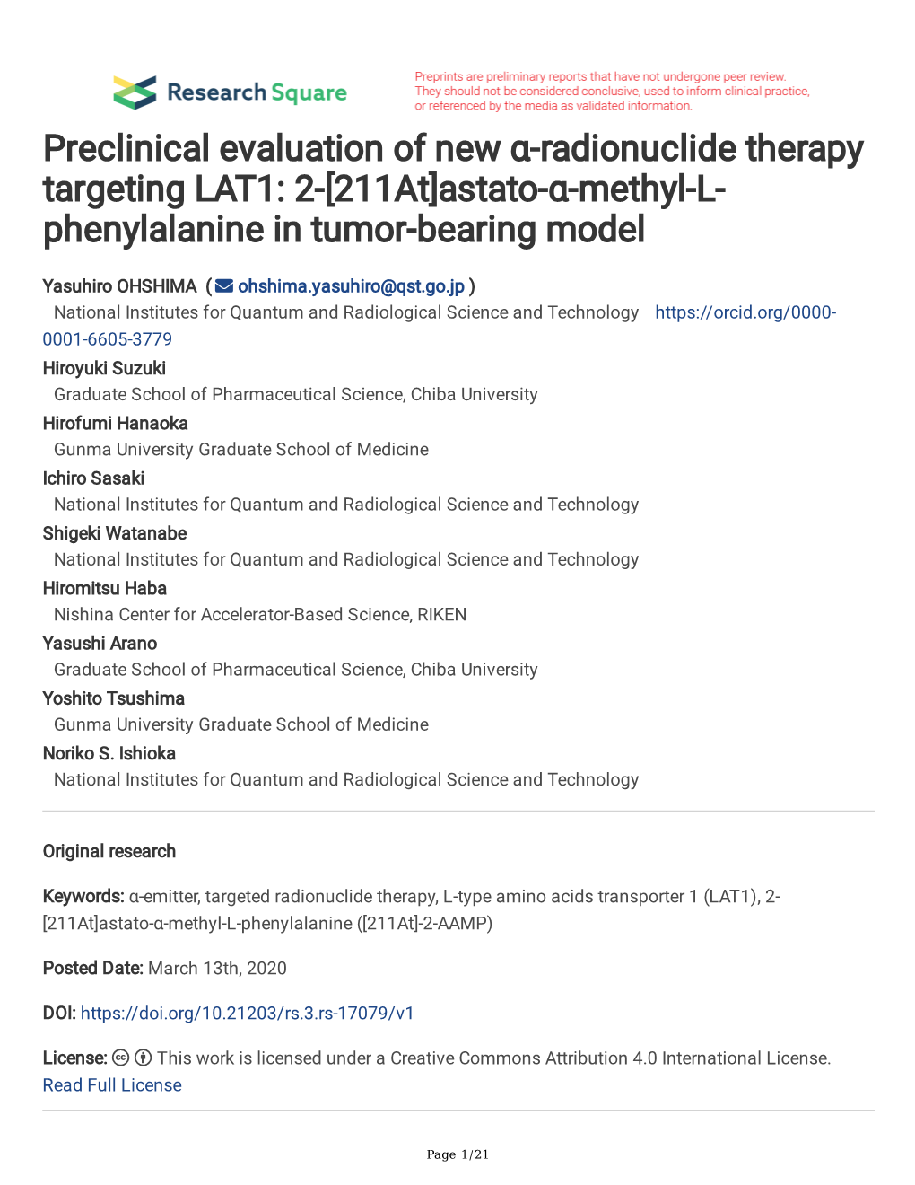 2-[211At]Astato-Α-Methyl-L- Phenylalanine in Tumor-Bearing Model