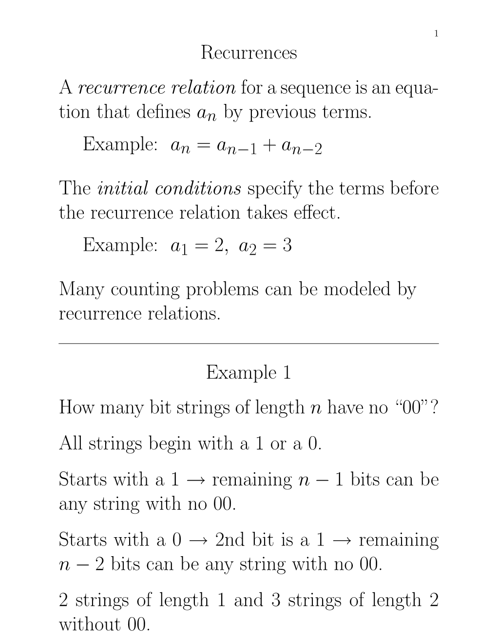 Recurrences a Recurrence Relation for a Sequence Is an Equa- Tion That Deﬁnes an by Previous Terms
