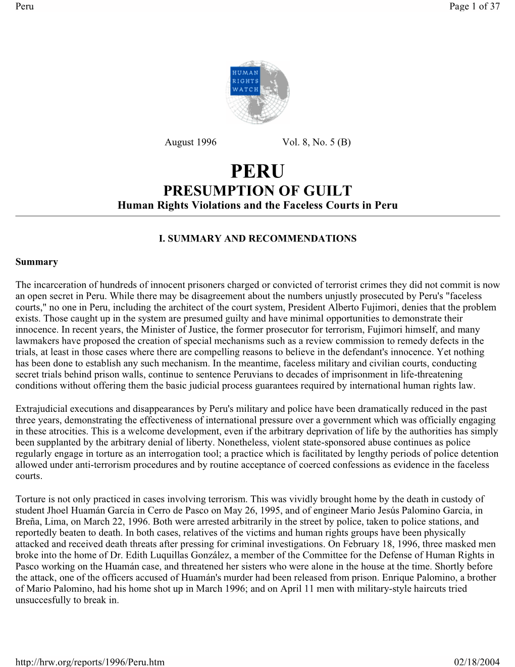 PRESUMPTION of GUILT Human Rights Violations and the Faceless Courts in Peru