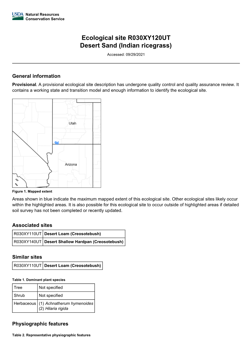 Ecological Site R030XY120UT Desert Sand (Indian Ricegrass)