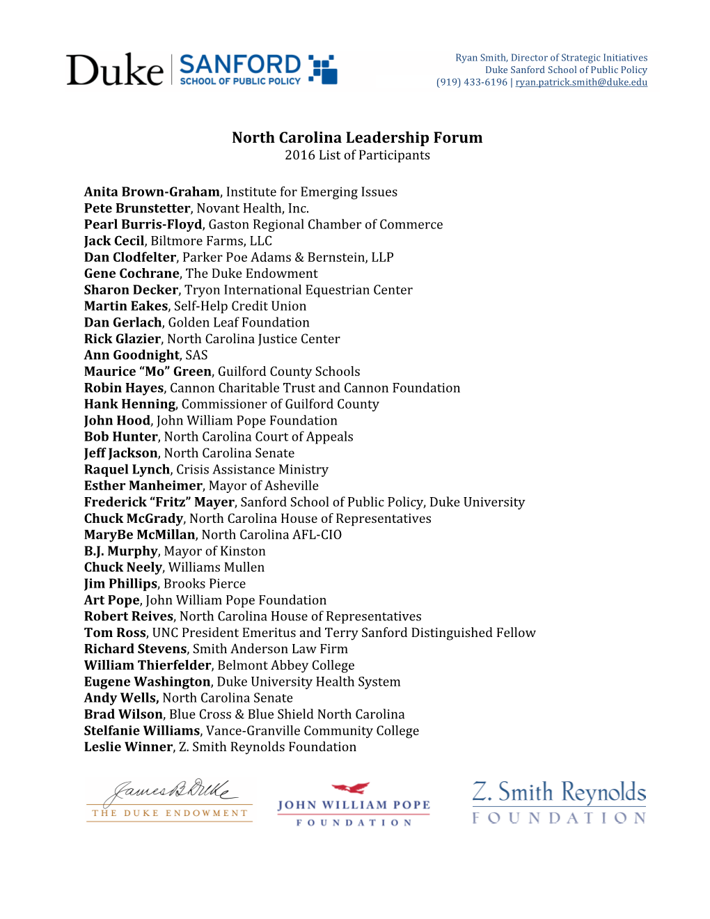 North Carolina Leadership Forum 2016 List of Participants