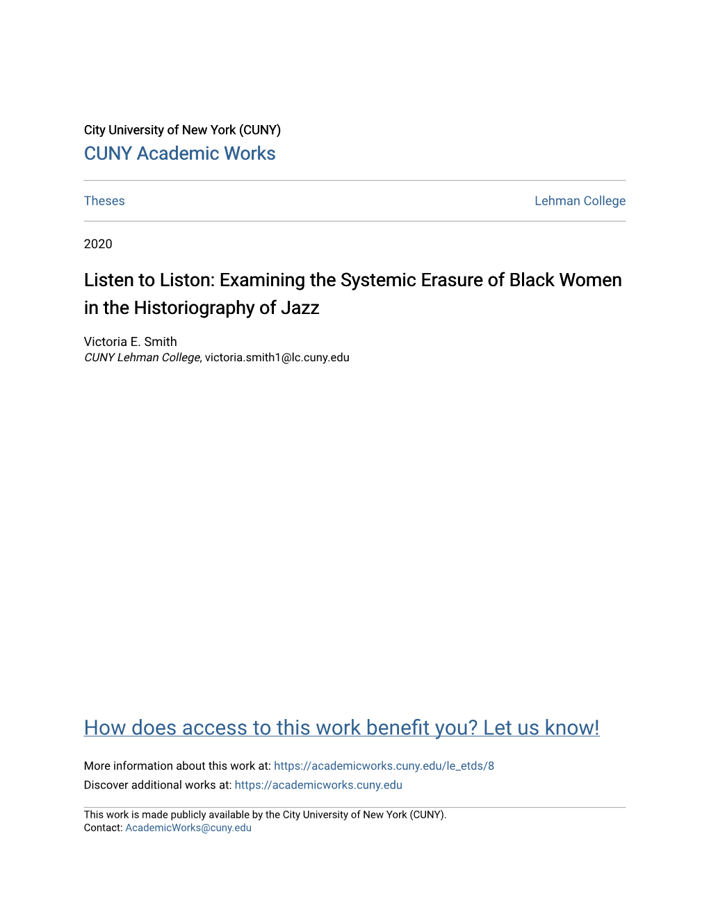 Listen to Liston: Examining the Systemic Erasure of Black Women in the Historiography of Jazz