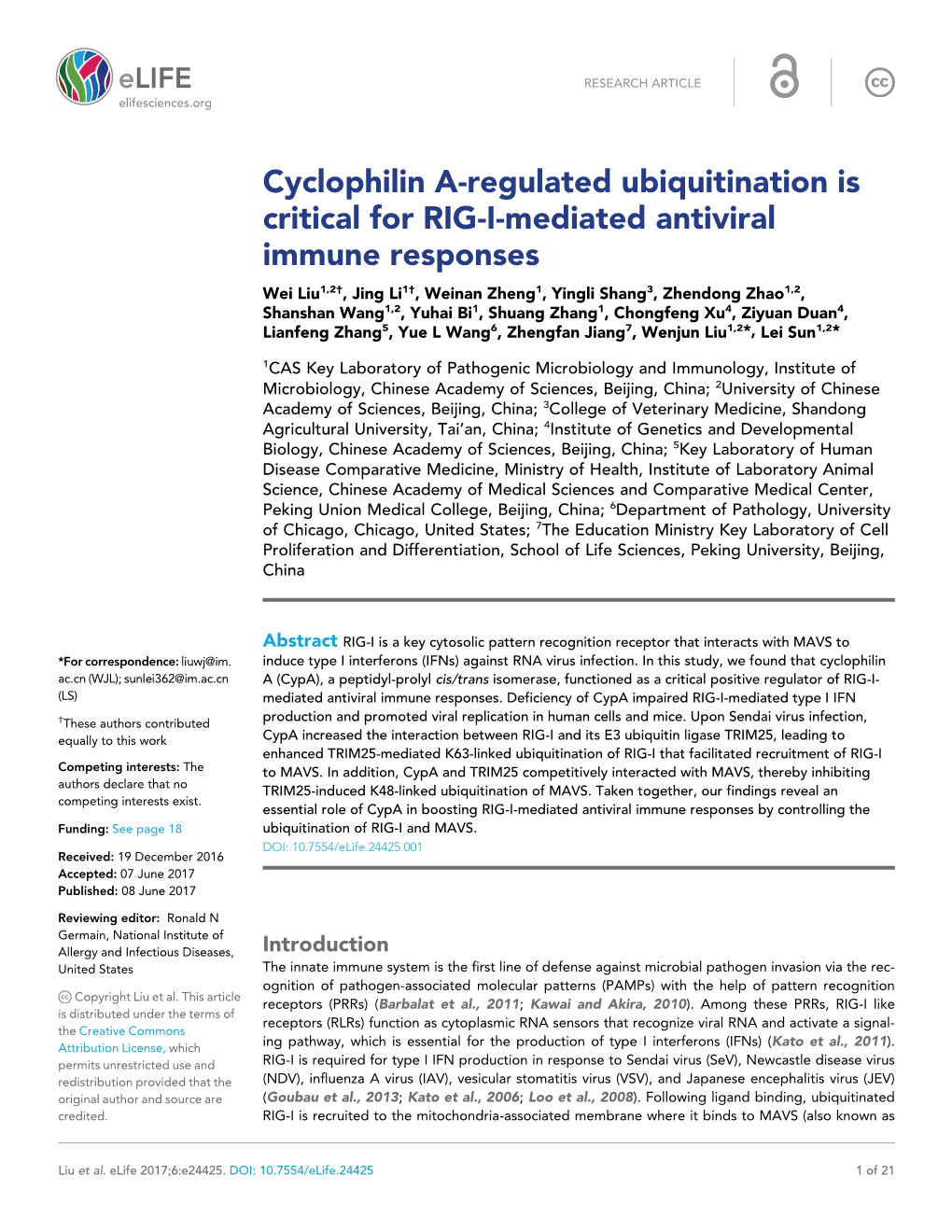 Cyclophilin A-Regulated Ubiquitination Is Critical for RIG-I-Mediated