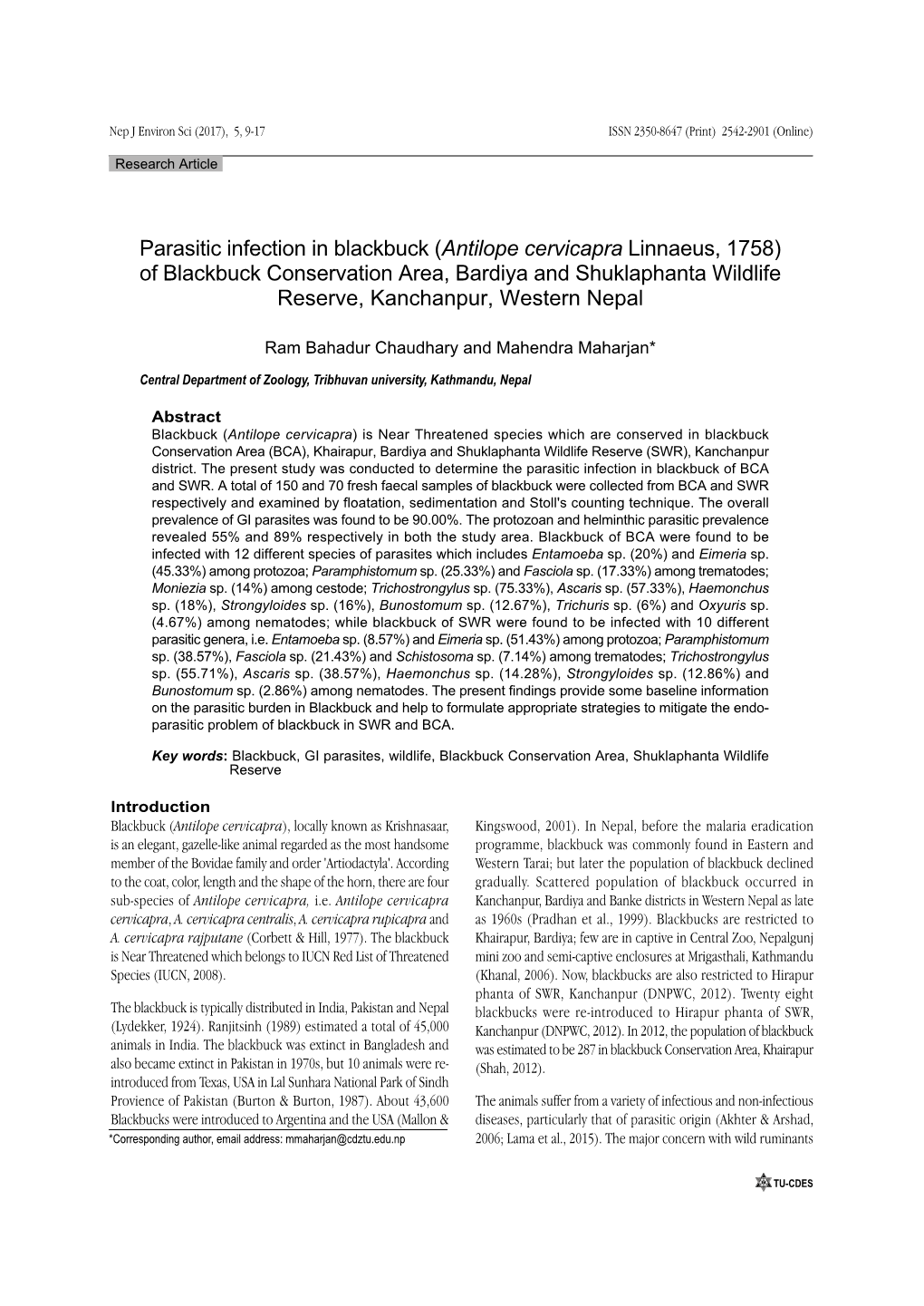 Parasitic Infection in Blackbuck (Antilope Cervicapra Linnaeus, 1758)