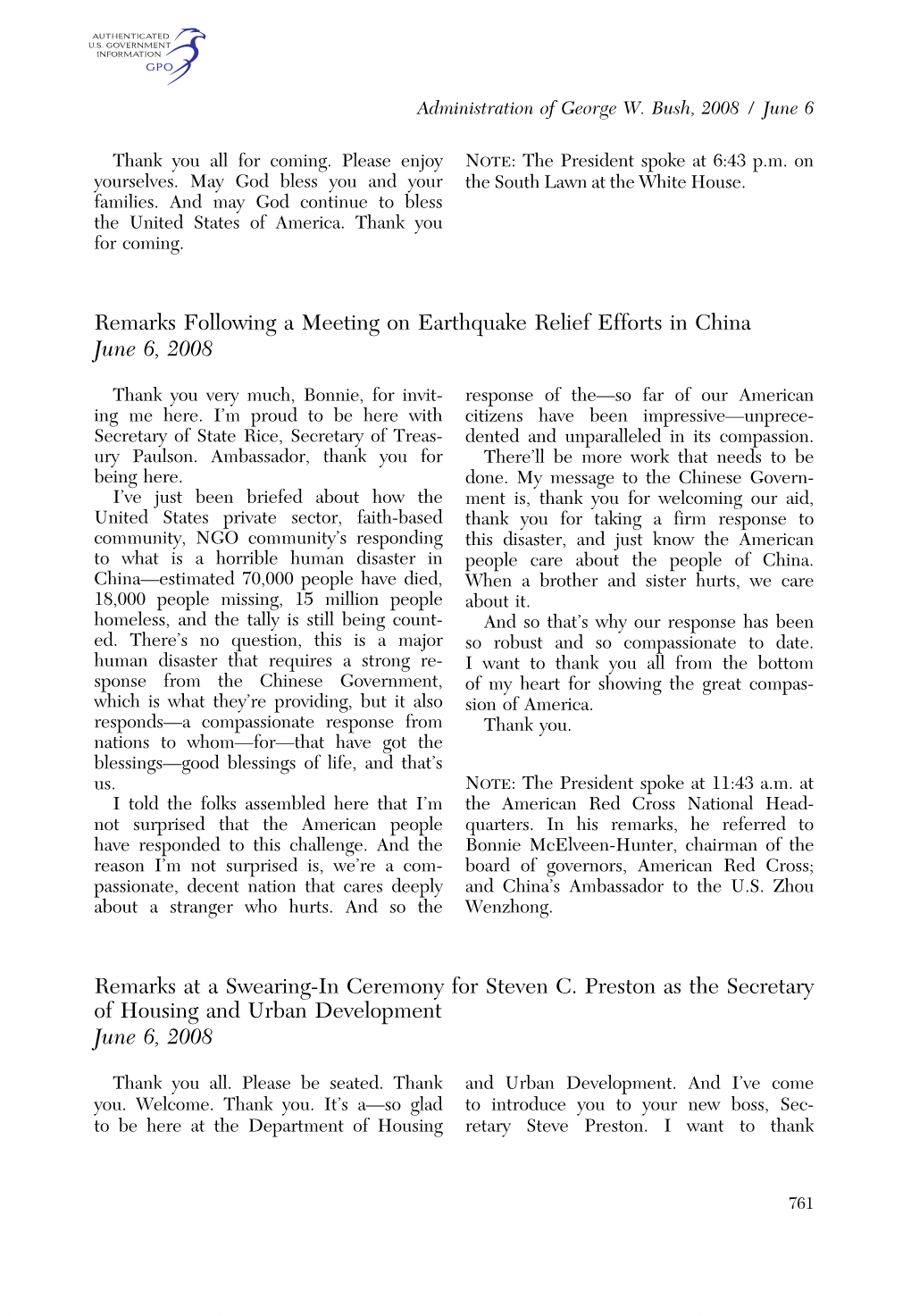 Remarks Following a Meeting on Earthquake Relief Efforts in China June 6, 2008