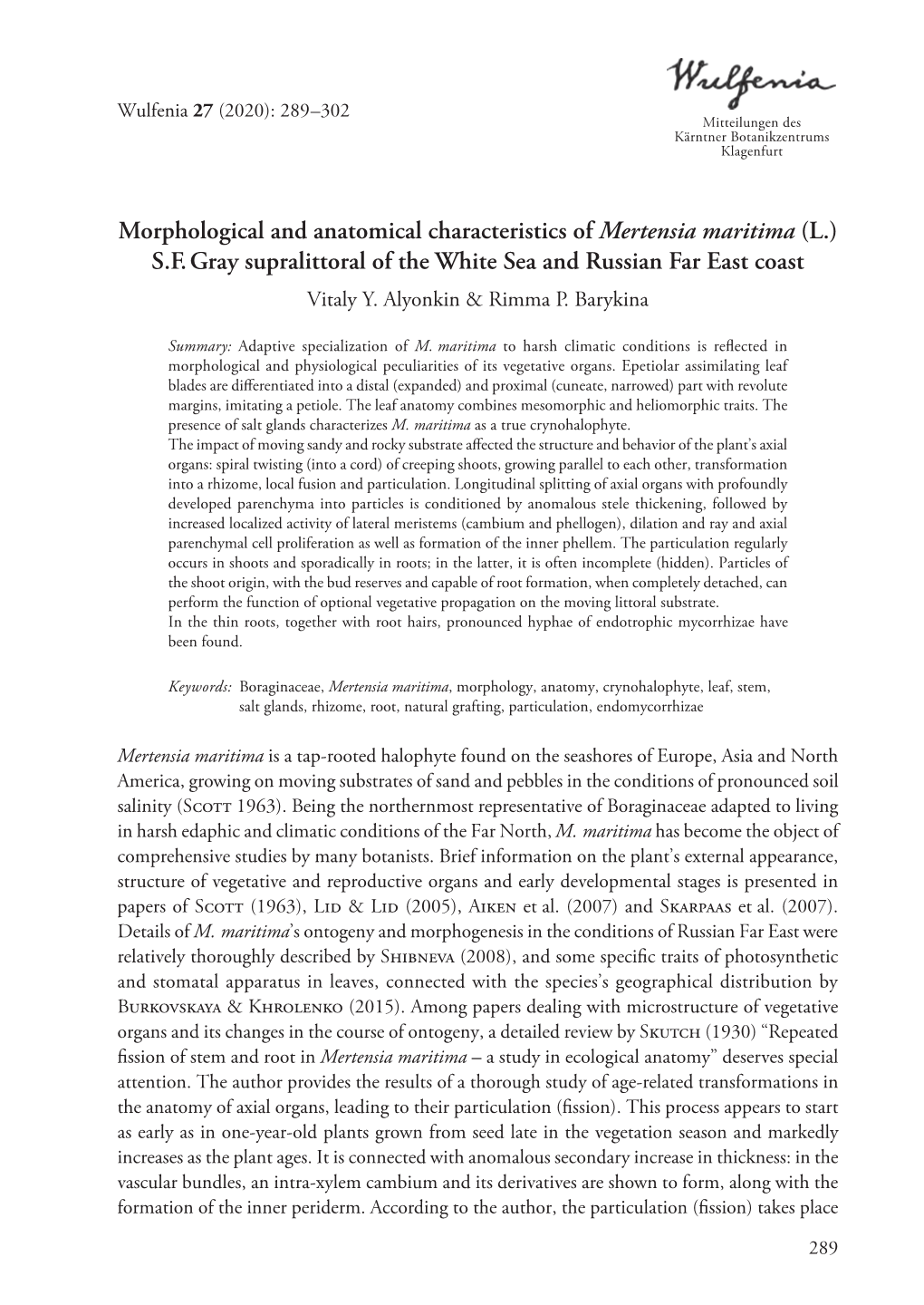 Morphological and Anatomical Characteristics of Mertensia Maritima (L.) S.F